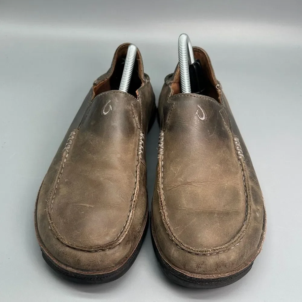 Olukai Moloa Men's 8.5 Brown Leather Casual Shoes Slip-On Low Top Sneakers